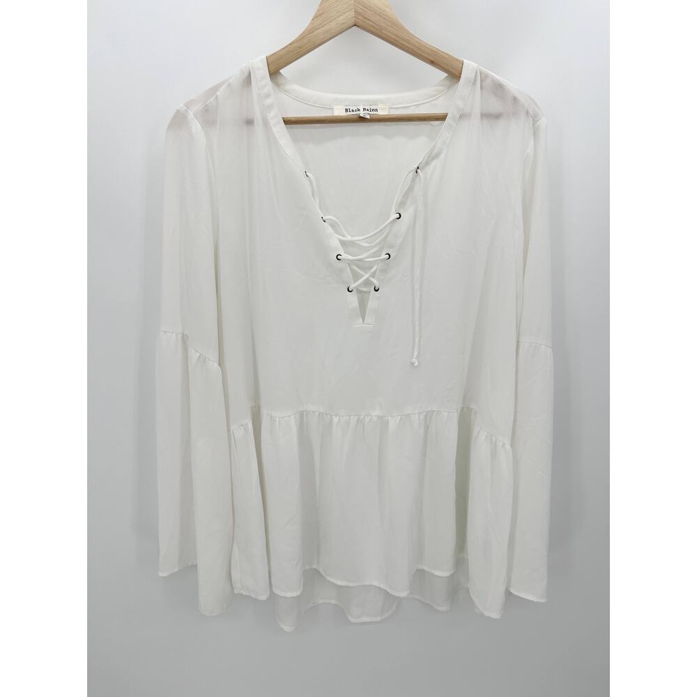 Black Rainn Women White Lace Up Blouse Boho Peasant Flounce Hem Long Sleeve XL